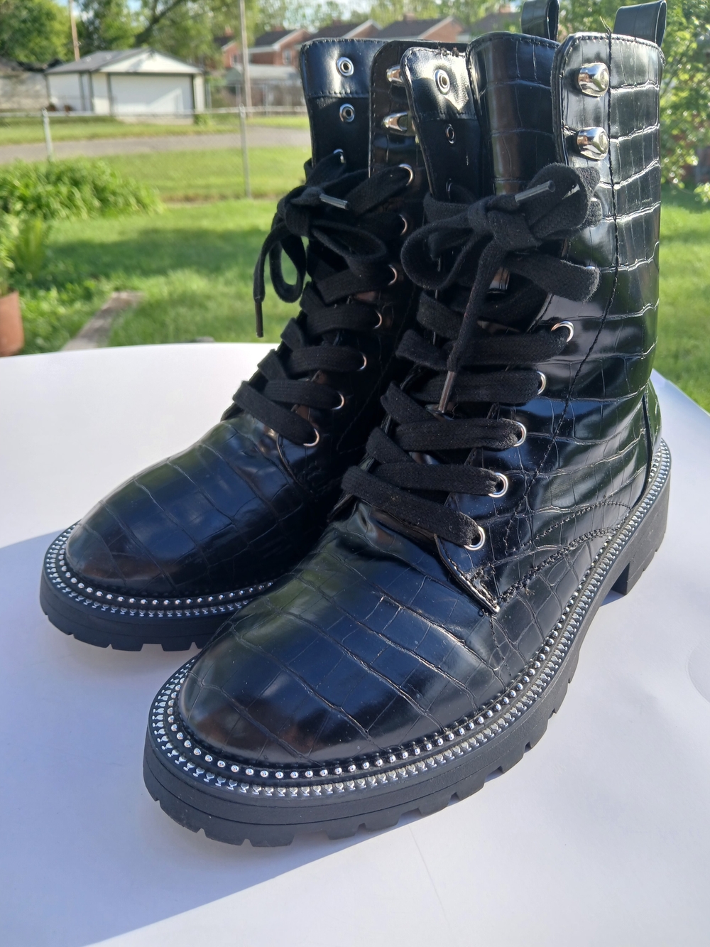 Size 10 Black Croc-Embossed Studded Combat Boots